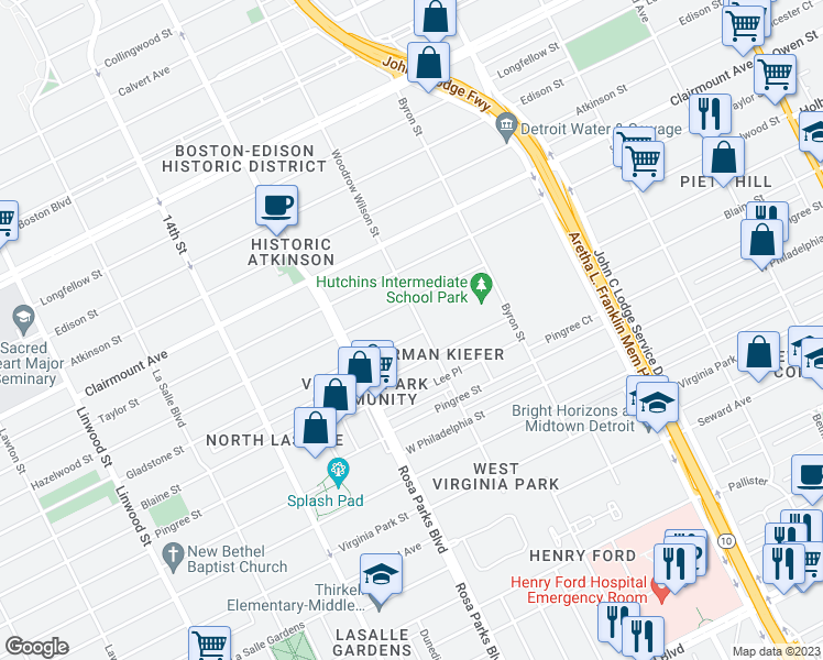 map of restaurants, bars, coffee shops, grocery stores, and more near 1620 Gladstone Street in Detroit