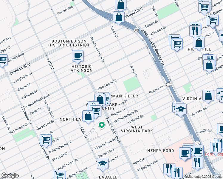 map of restaurants, bars, coffee shops, grocery stores, and more near 1620 Gladstone Street in Detroit