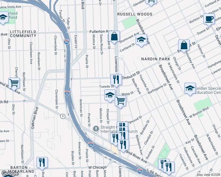 map of restaurants, bars, coffee shops, grocery stores, and more near 6375 Tuxedo Street in Detroit
