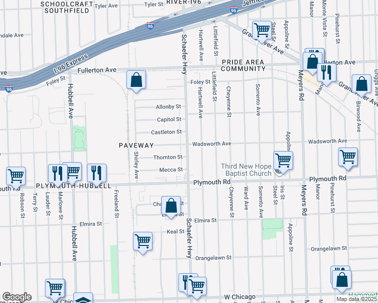 map of restaurants, bars, coffee shops, grocery stores, and more near 11816 Schaefer Highway in Detroit
