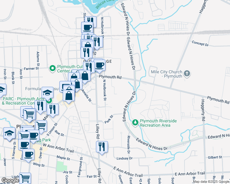 map of restaurants, bars, coffee shops, grocery stores, and more near 245 North Holbrook Street in Plymouth