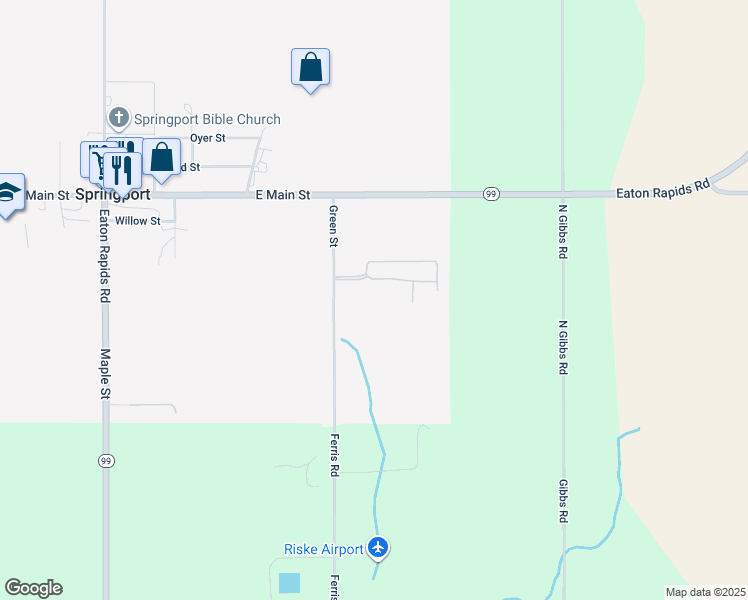 map of restaurants, bars, coffee shops, grocery stores, and more near 281 Green Street in Springport