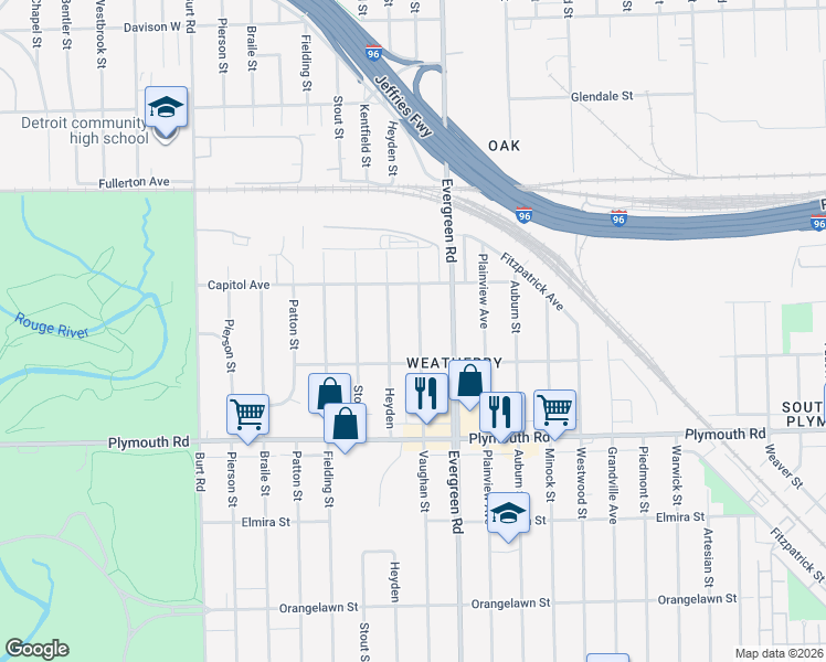 map of restaurants, bars, coffee shops, grocery stores, and more near 12061 Vaughan Street in Detroit
