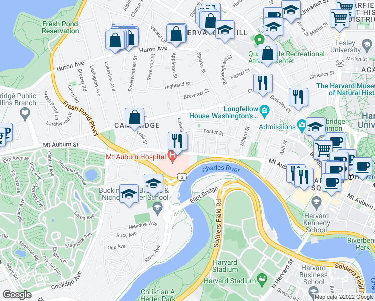 map of restaurants, bars, coffee shops, grocery stores, and more near 271 Mount Auburn Street in Cambridge