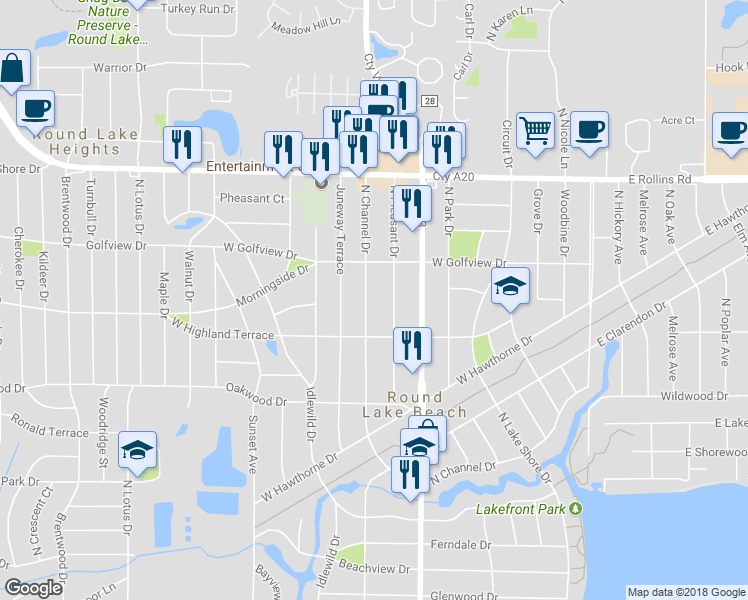 map of restaurants, bars, coffee shops, grocery stores, and more near 1427 North Channel Drive in Round Lake