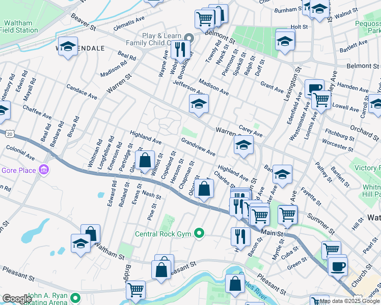 map of restaurants, bars, coffee shops, grocery stores, and more near 123 Highland Avenue in Watertown