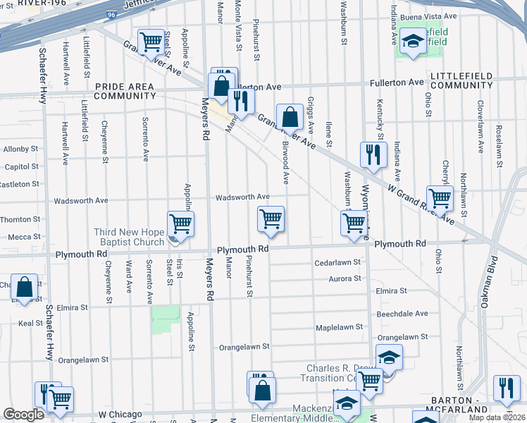 map of restaurants, bars, coffee shops, grocery stores, and more near 11717 Mendota Street in Detroit