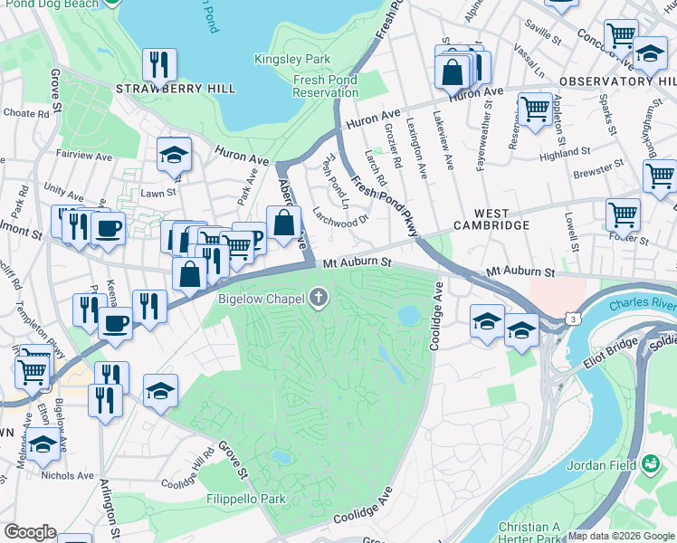 map of restaurants, bars, coffee shops, grocery stores, and more near 580 Mount Auburn Street in Cambridge