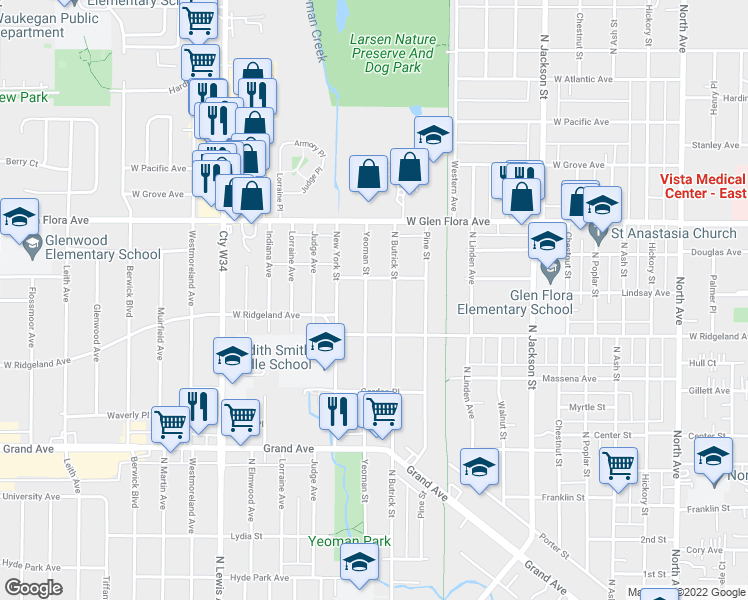 map of restaurants, bars, coffee shops, grocery stores, and more near 1031 Yeoman St in Waukegan