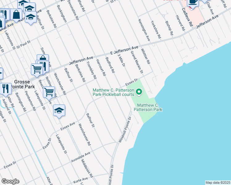 map of restaurants, bars, coffee shops, grocery stores, and more near 798 Harcourt Road in Grosse Pointe Park