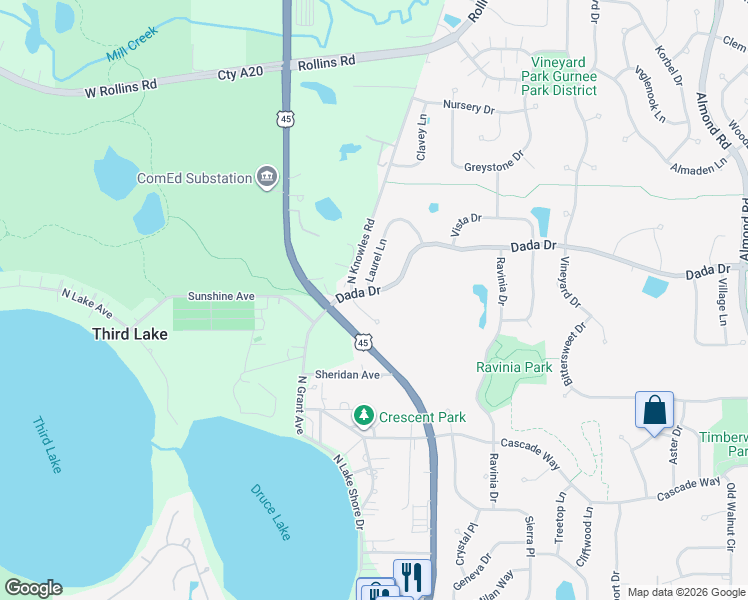 map of restaurants, bars, coffee shops, grocery stores, and more near 7991 Dada Drive in Gurnee