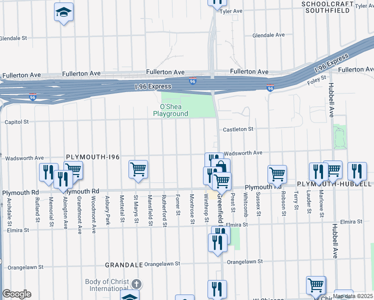 map of restaurants, bars, coffee shops, grocery stores, and more near 12017 Montrose Street in Detroit