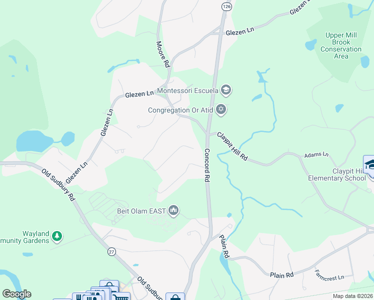 map of restaurants, bars, coffee shops, grocery stores, and more near 55 Orchard Lane in Wayland