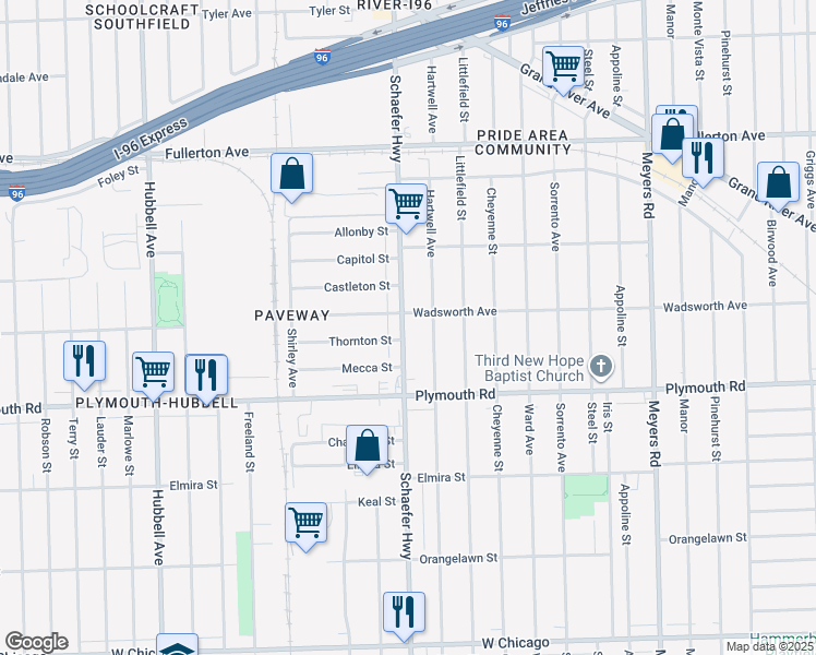 map of restaurants, bars, coffee shops, grocery stores, and more near 11816 Schaefer Highway in Detroit