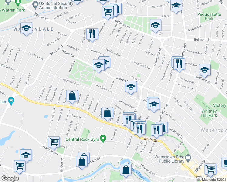 map of restaurants, bars, coffee shops, grocery stores, and more near 9 Grandview Avenue in Watertown