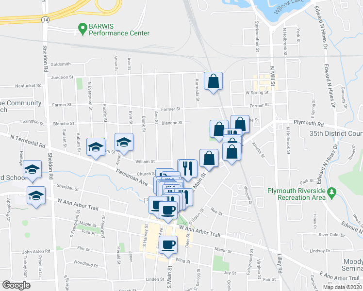 map of restaurants, bars, coffee shops, grocery stores, and more near 275 Adams Street in Plymouth