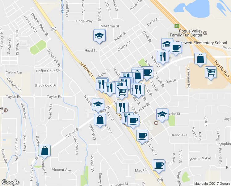map of restaurants, bars, coffee shops, grocery stores, and more near 57 N 2nd St in Central Point