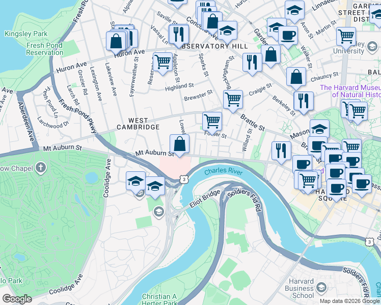map of restaurants, bars, coffee shops, grocery stores, and more near 271 Mount Auburn Street in Cambridge