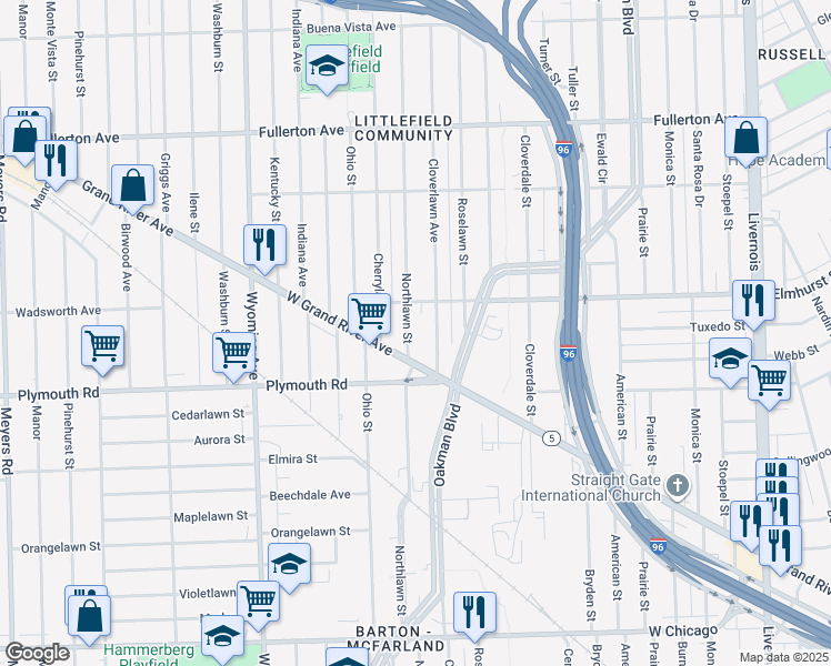 map of restaurants, bars, coffee shops, grocery stores, and more near 11150 Northlawn Street in Detroit