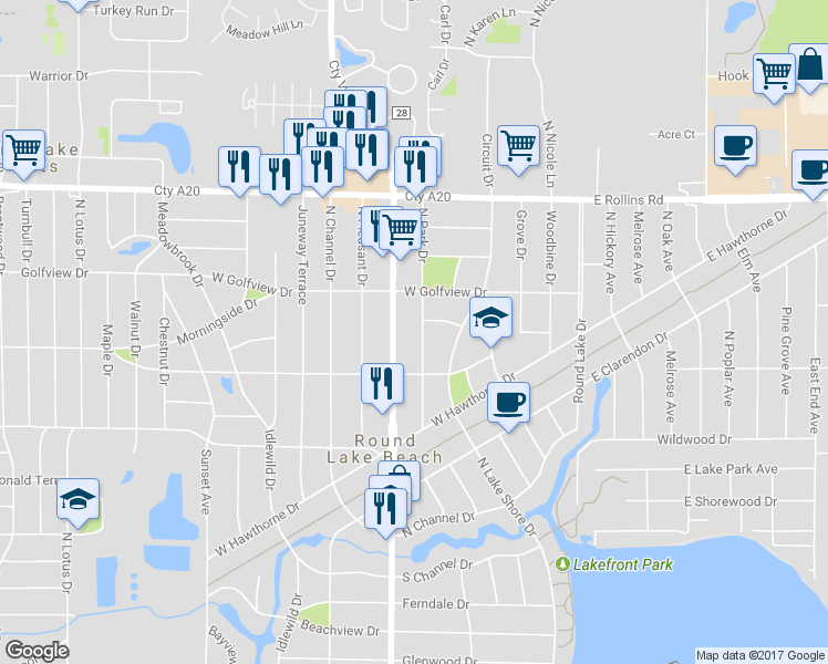 map of restaurants, bars, coffee shops, grocery stores, and more near 1428 North Park Drive in Round Lake Beach