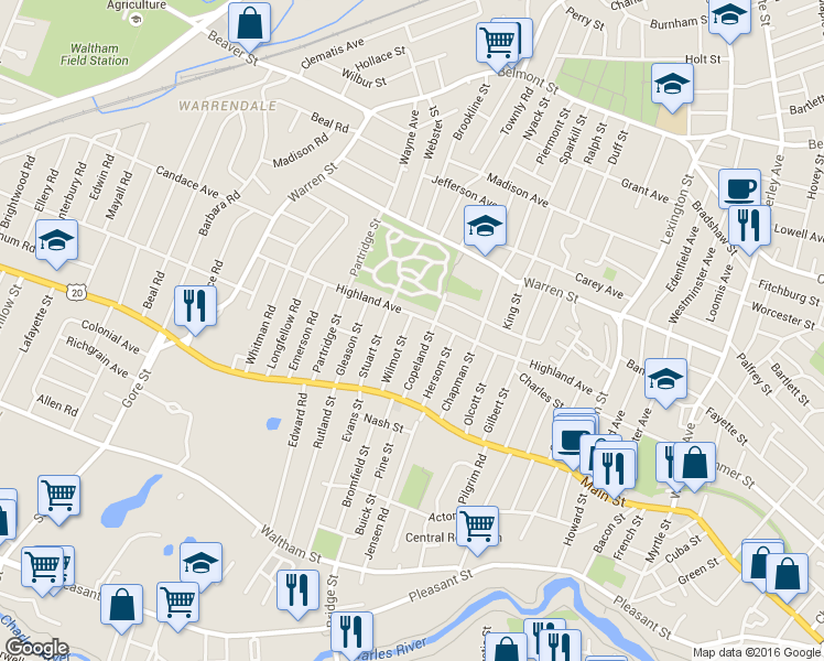 map of restaurants, bars, coffee shops, grocery stores, and more near 61 Wilmot Street in Watertown
