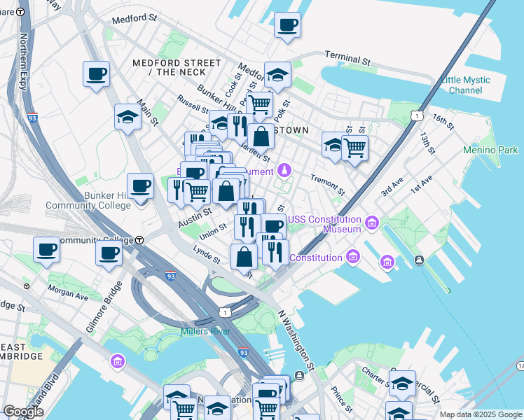 map of restaurants, bars, coffee shops, grocery stores, and more near 34A Pleasant Street in Boston