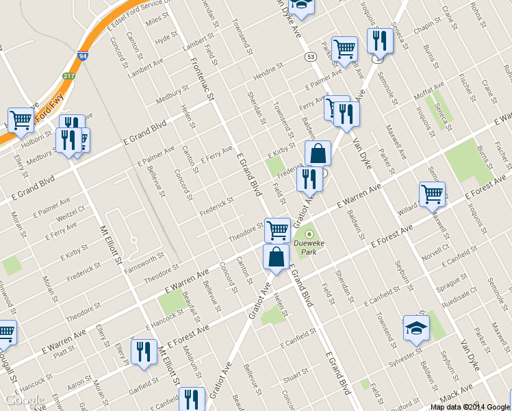 map of restaurants, bars, coffee shops, grocery stores, and more near 1221 East Grand Boulevard in Detroit