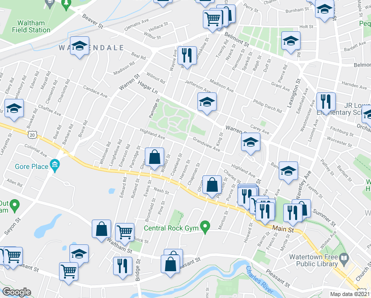 map of restaurants, bars, coffee shops, grocery stores, and more near 67 Copeland Street in Watertown