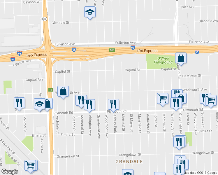 map of restaurants, bars, coffee shops, grocery stores, and more near 12024 Woodmont Avenue in Detroit