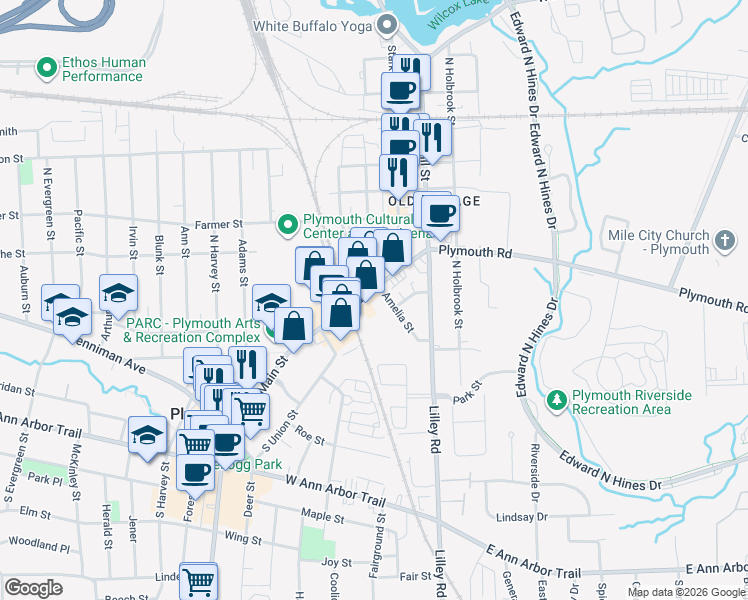 map of restaurants, bars, coffee shops, grocery stores, and more near 352 North Main Street in Plymouth