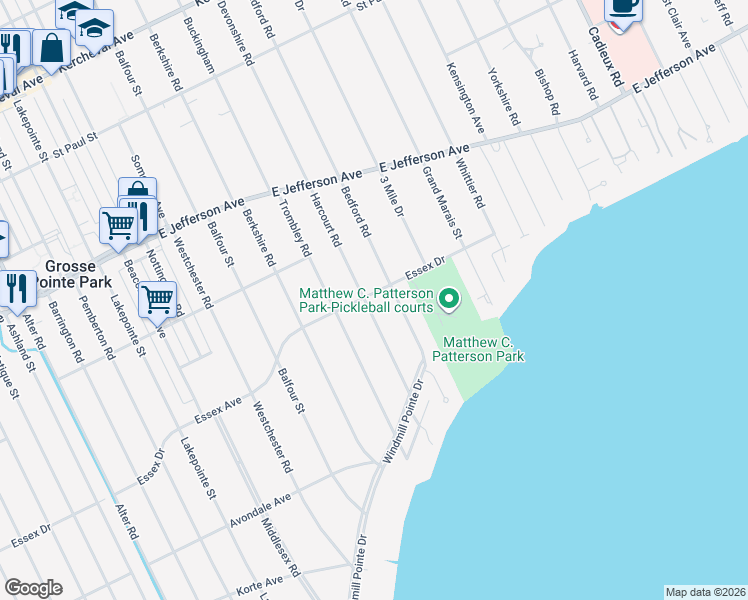 map of restaurants, bars, coffee shops, grocery stores, and more near 798 Harcourt Road in Grosse Pointe Park