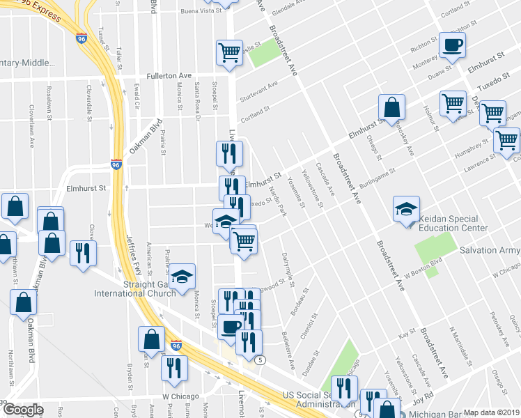 map of restaurants, bars, coffee shops, grocery stores, and more near 5157 Tuxedo St in Detroit
