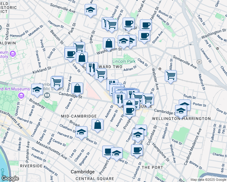 map of restaurants, bars, coffee shops, grocery stores, and more near 17 Hammond Street in Somerville