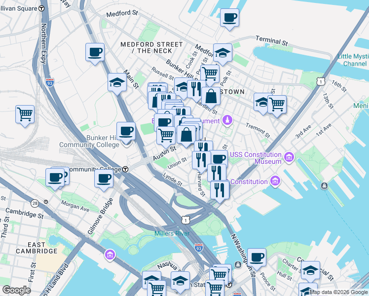 map of restaurants, bars, coffee shops, grocery stores, and more near in Boston