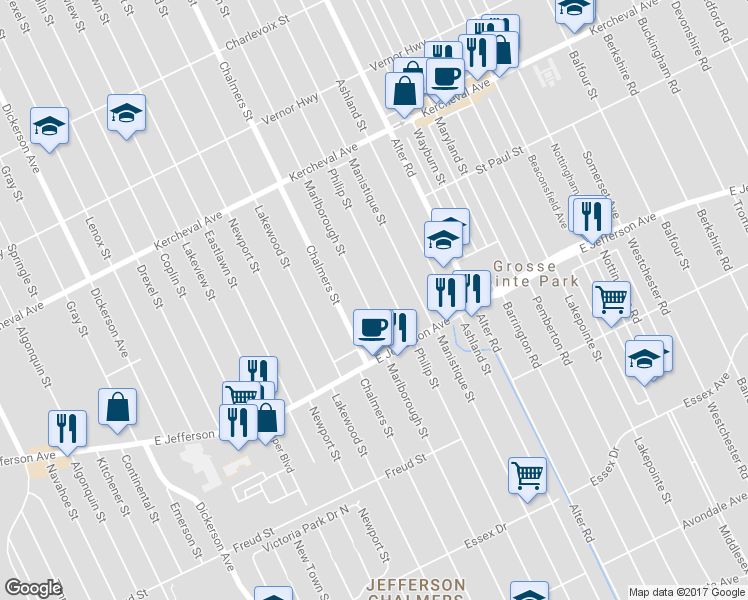 map of restaurants, bars, coffee shops, grocery stores, and more near 1114 Marlborough Street in Detroit