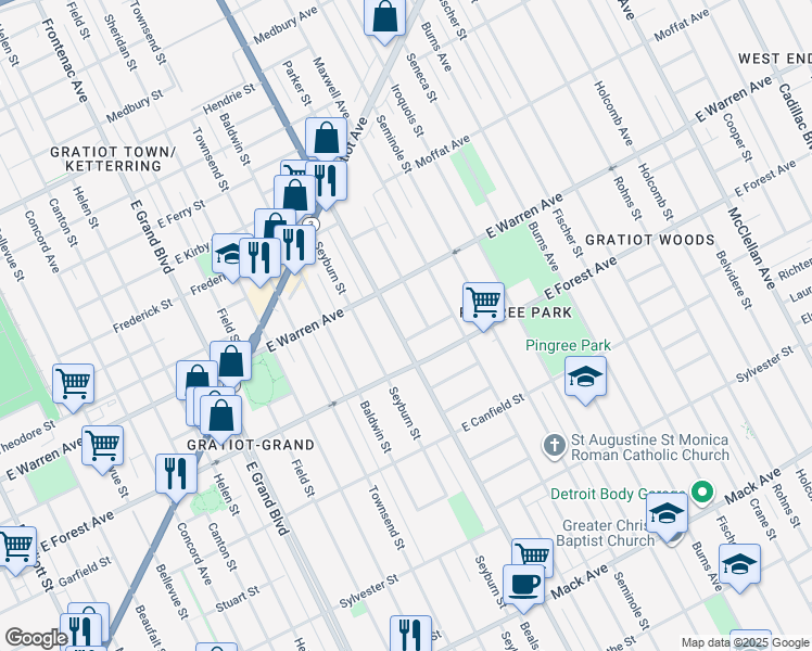 map of restaurants, bars, coffee shops, grocery stores, and more near 4828 Van Dyke Street in Detroit