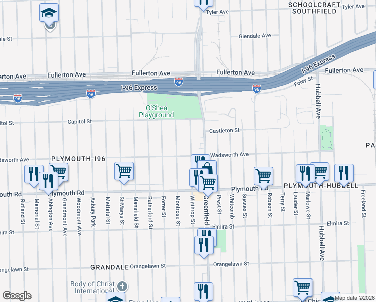 map of restaurants, bars, coffee shops, grocery stores, and more near 12017 Winthrop Street in Detroit