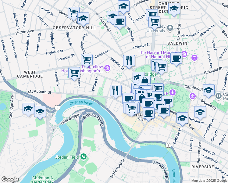 map of restaurants, bars, coffee shops, grocery stores, and more near 6 Acacia Street in Cambridge