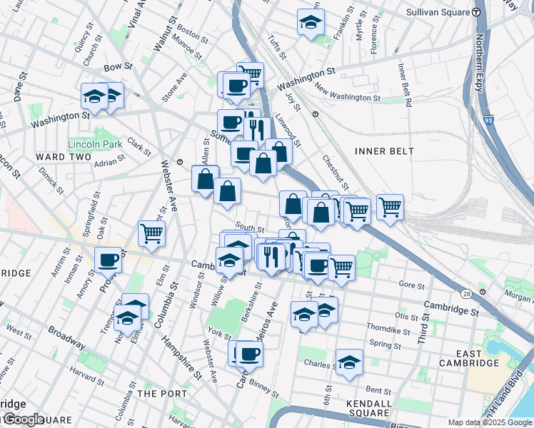 map of restaurants, bars, coffee shops, grocery stores, and more near 22 Horace Street in Somerville