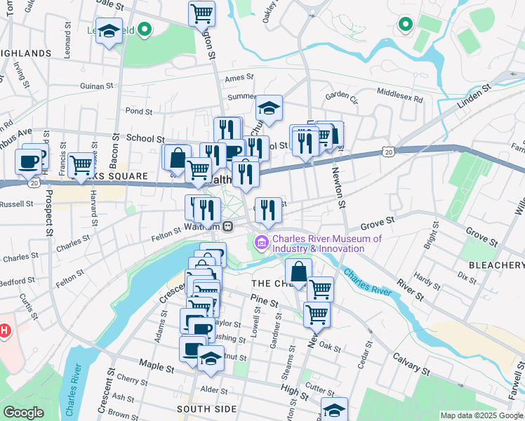 map of restaurants, bars, coffee shops, grocery stores, and more near 102 Central Street in Waltham