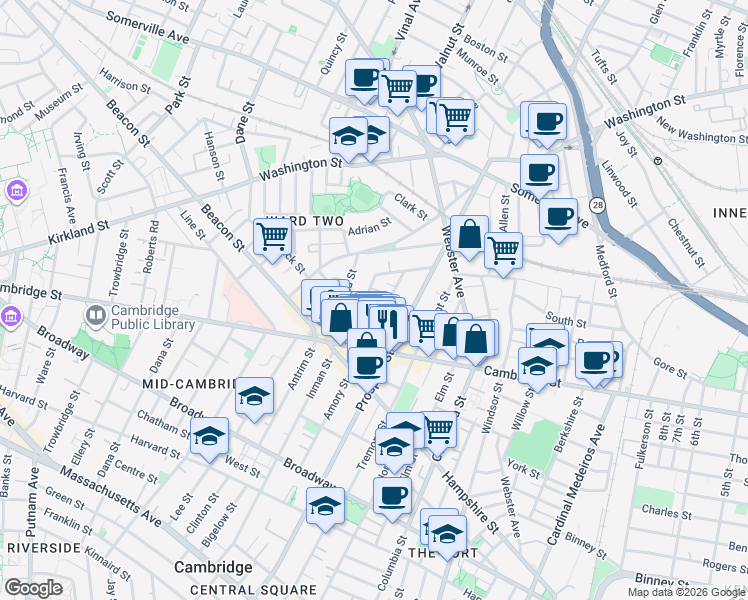 map of restaurants, bars, coffee shops, grocery stores, and more near 25 Houghton Street in Somerville