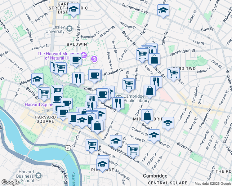 map of restaurants, bars, coffee shops, grocery stores, and more near Cambridge St & Irving St in Mid-Cambridge