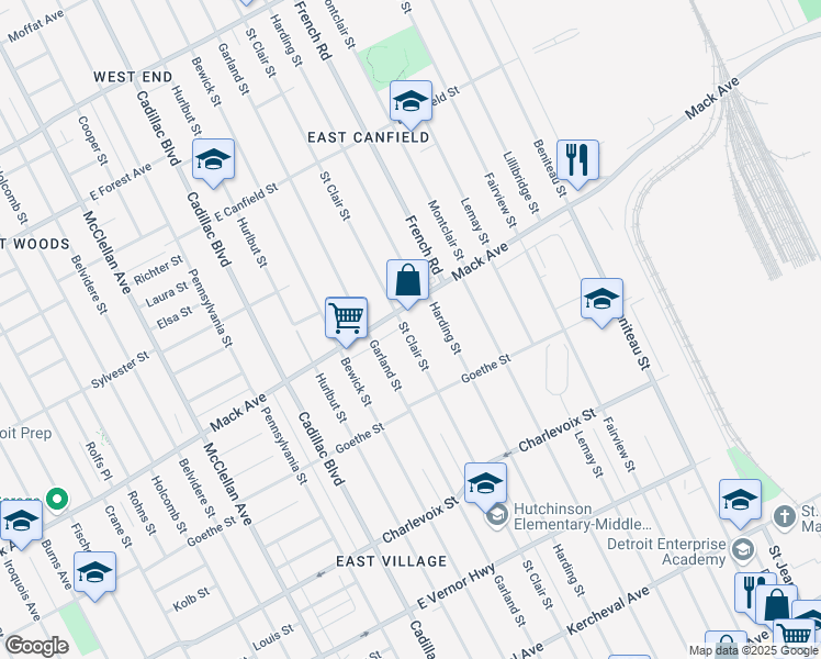 map of restaurants, bars, coffee shops, grocery stores, and more near 3524 Saint Clair Street in Detroit