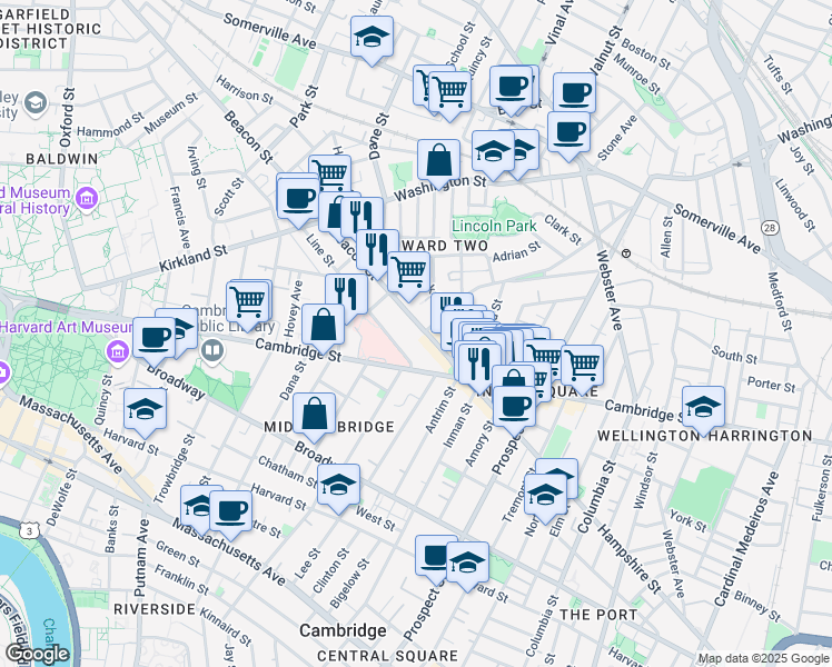 map of restaurants, bars, coffee shops, grocery stores, and more near 28 Beacon Street in Somerville