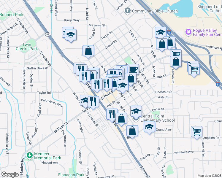 map of restaurants, bars, coffee shops, grocery stores, and more near 217 East Pine Street in Central Point