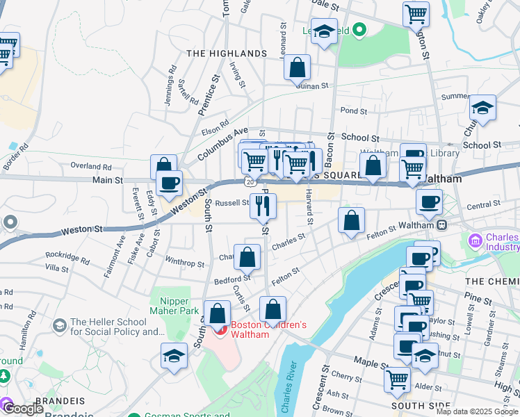 map of restaurants, bars, coffee shops, grocery stores, and more near 23 Prospect Street in Waltham