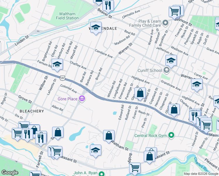 map of restaurants, bars, coffee shops, grocery stores, and more near 36 Whitman Road in Waltham