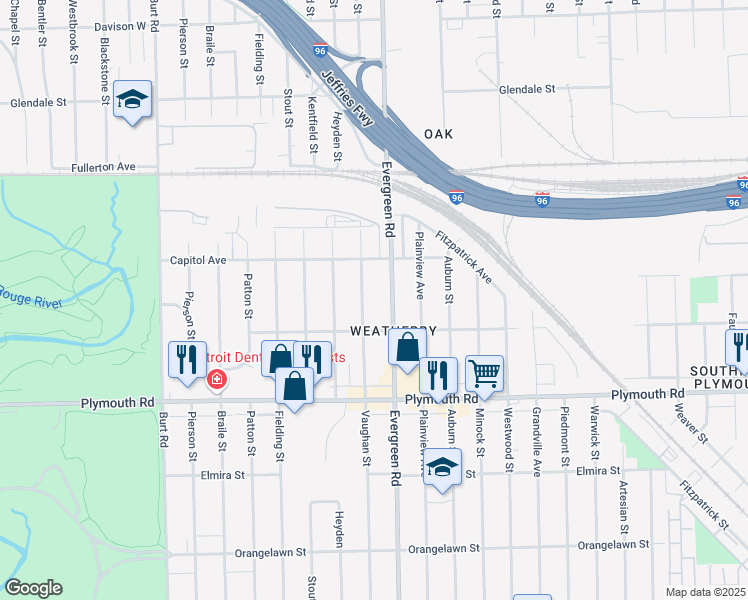 map of restaurants, bars, coffee shops, grocery stores, and more near 12066 Vaughan Street in Detroit