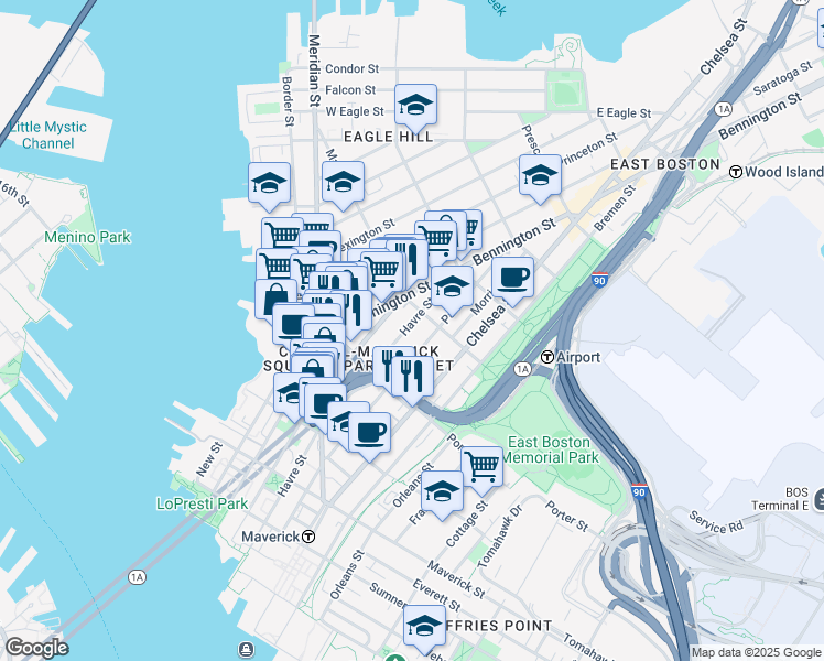map of restaurants, bars, coffee shops, grocery stores, and more near 229 Havre Street in Boston