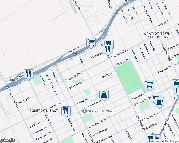 map of restaurants, bars, coffee shops, grocery stores, and more near 1807 East Grand Boulevard in Detroit